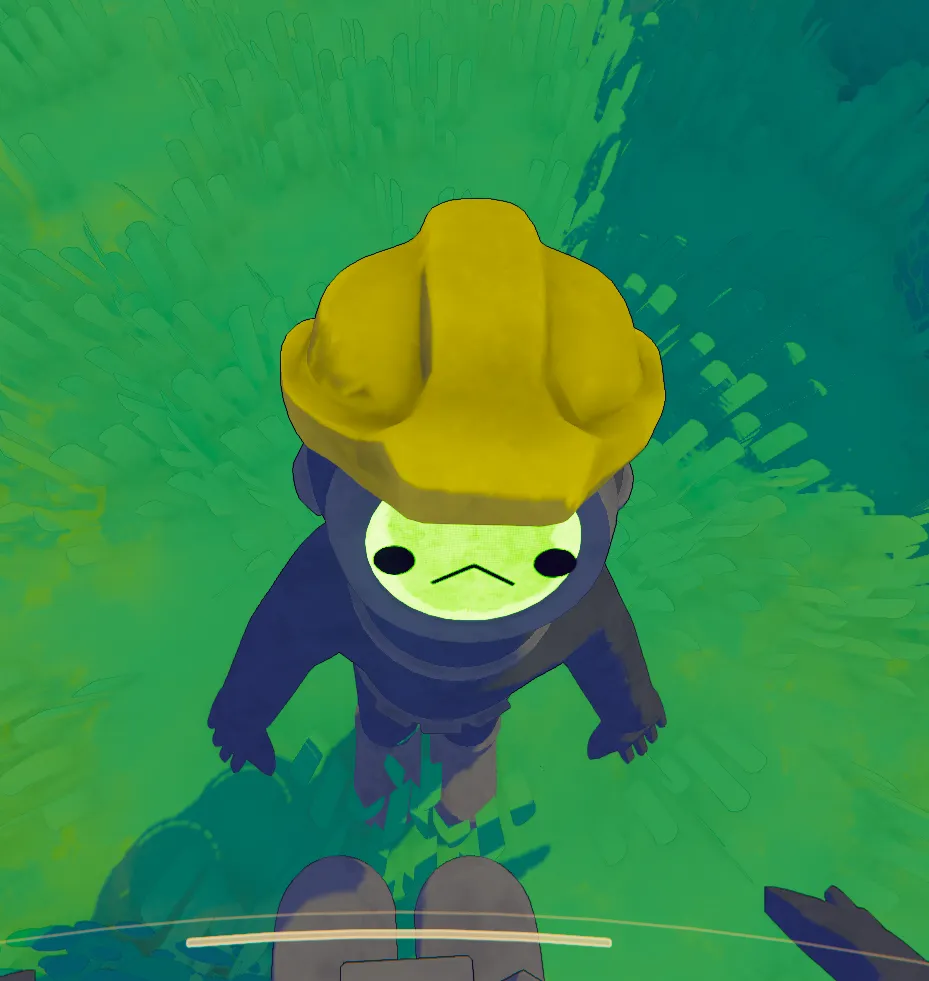 Content Warning character at an extreme angle looking goofy and sad