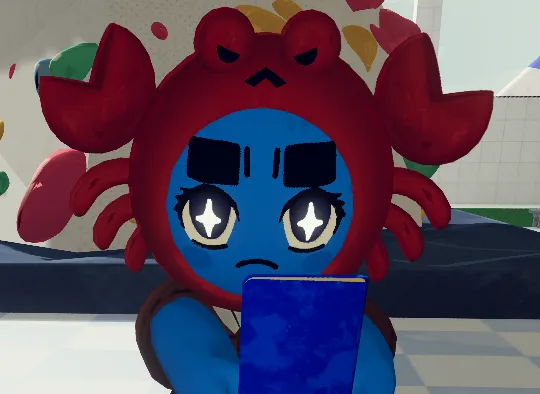 A blue PEAK character holding their passport wearing a crab hat and with giant sparkly eyes