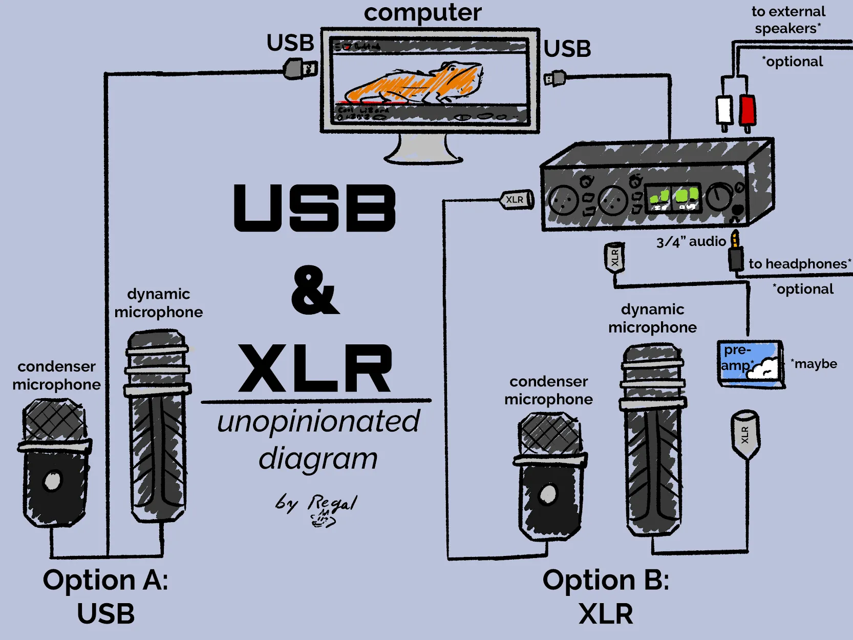Custom USB & XLR microphone diagram, showing the two types of microphones connected to a computer via either USB or XLR, and what other options/connections that entails.