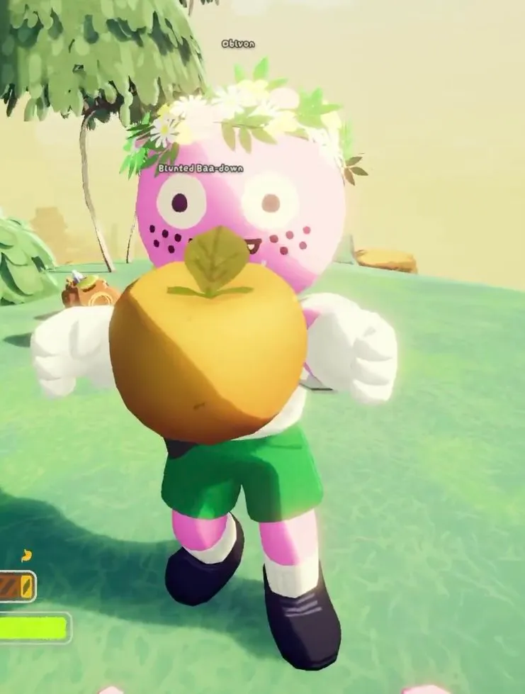 harshly lit PEAK scout smiling, offering you a golden fruit