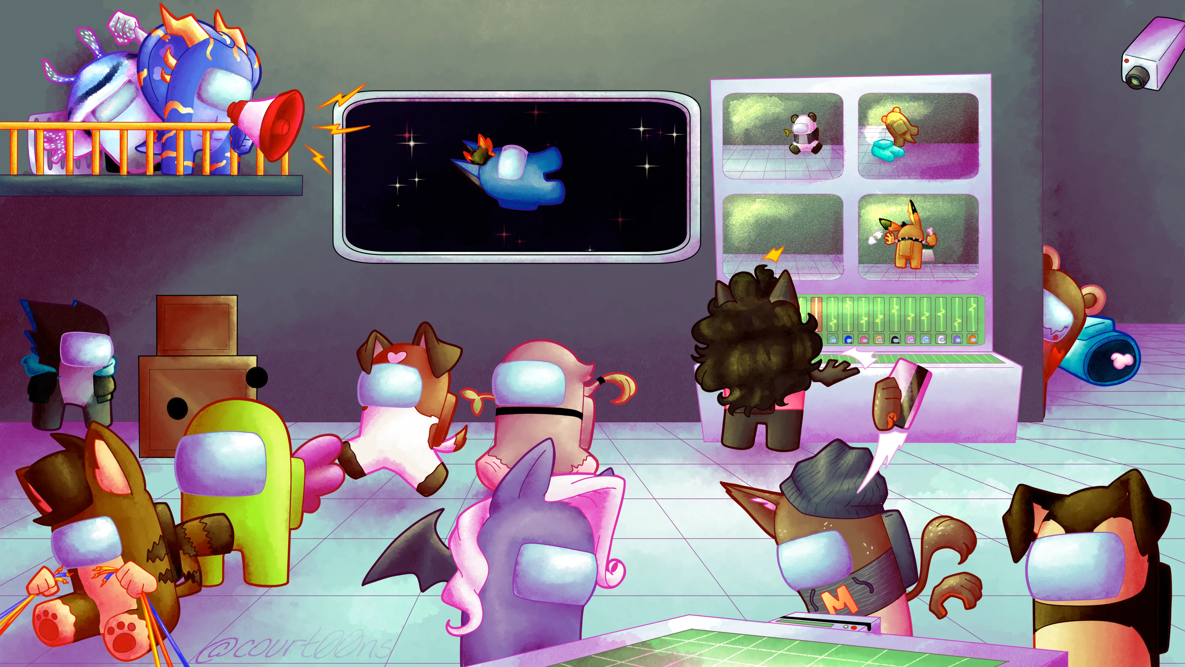 Large among us fanart piece featuring a ton of peoples' fursonas as Among Us beans, including Argent at the top left