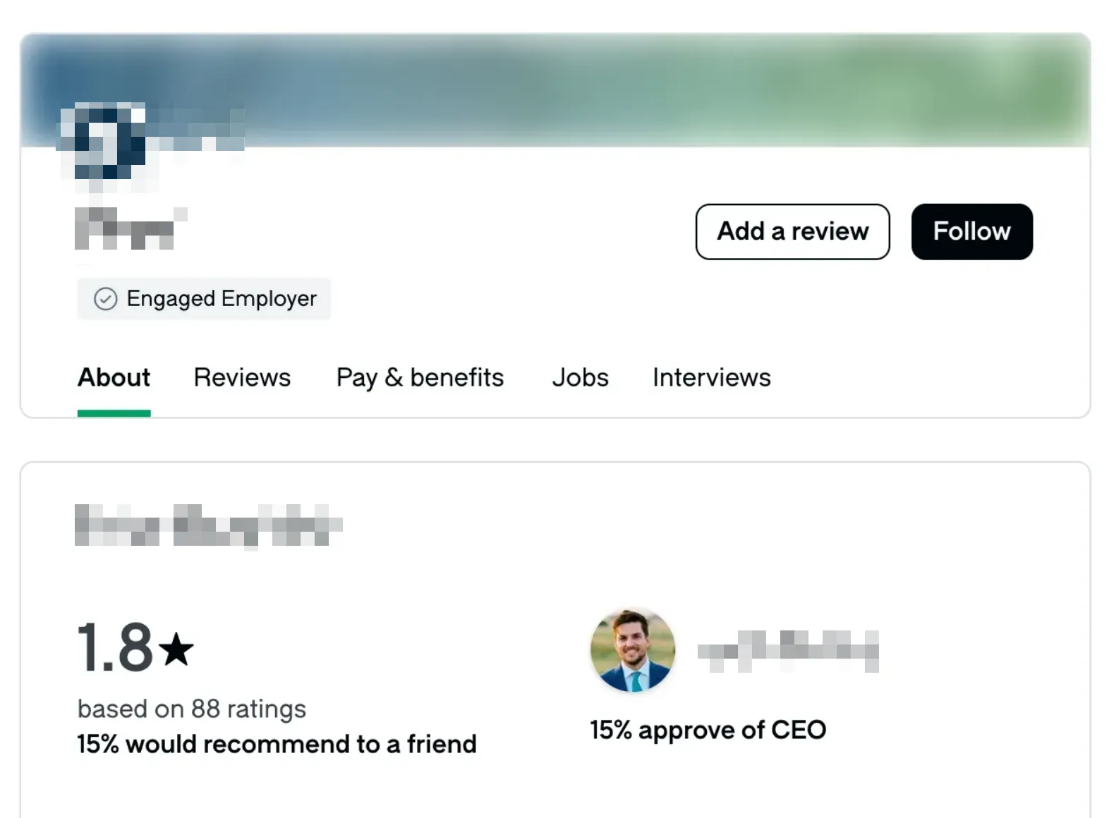 Glassdoor.com page for this company. Showing a 1.8/5 rating and a 15% approval of the CEO