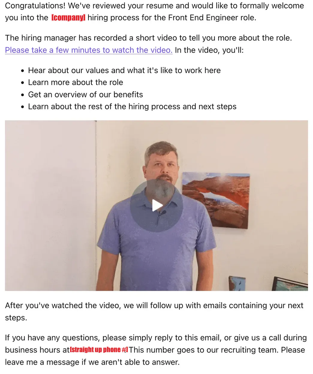 Screenshot of the "welcome to next steps" email I got. Notably with an embedded, auto-playing video of the hiring manager talking about the role.