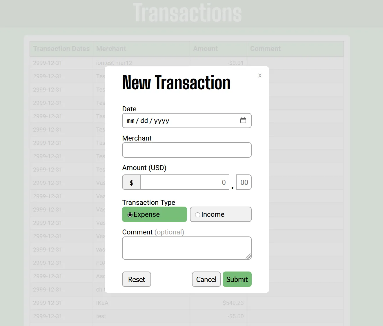 My New Transaction modal from the take-home assessment