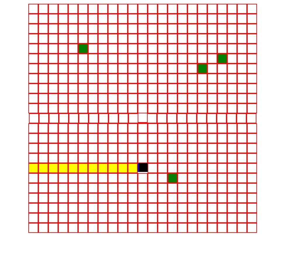 Screenshot of my Astroid "Game". It's a large red grid of squares with 4 green squares, 1 black square, and a line of yellow squares "shooting off" from the black square on a white background