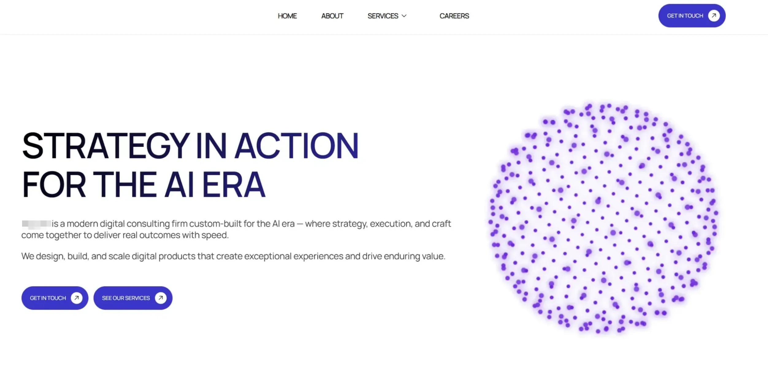 Homepage for an AI-powered consulting startup. "Strategy in action for the AI era" and then bullshit.