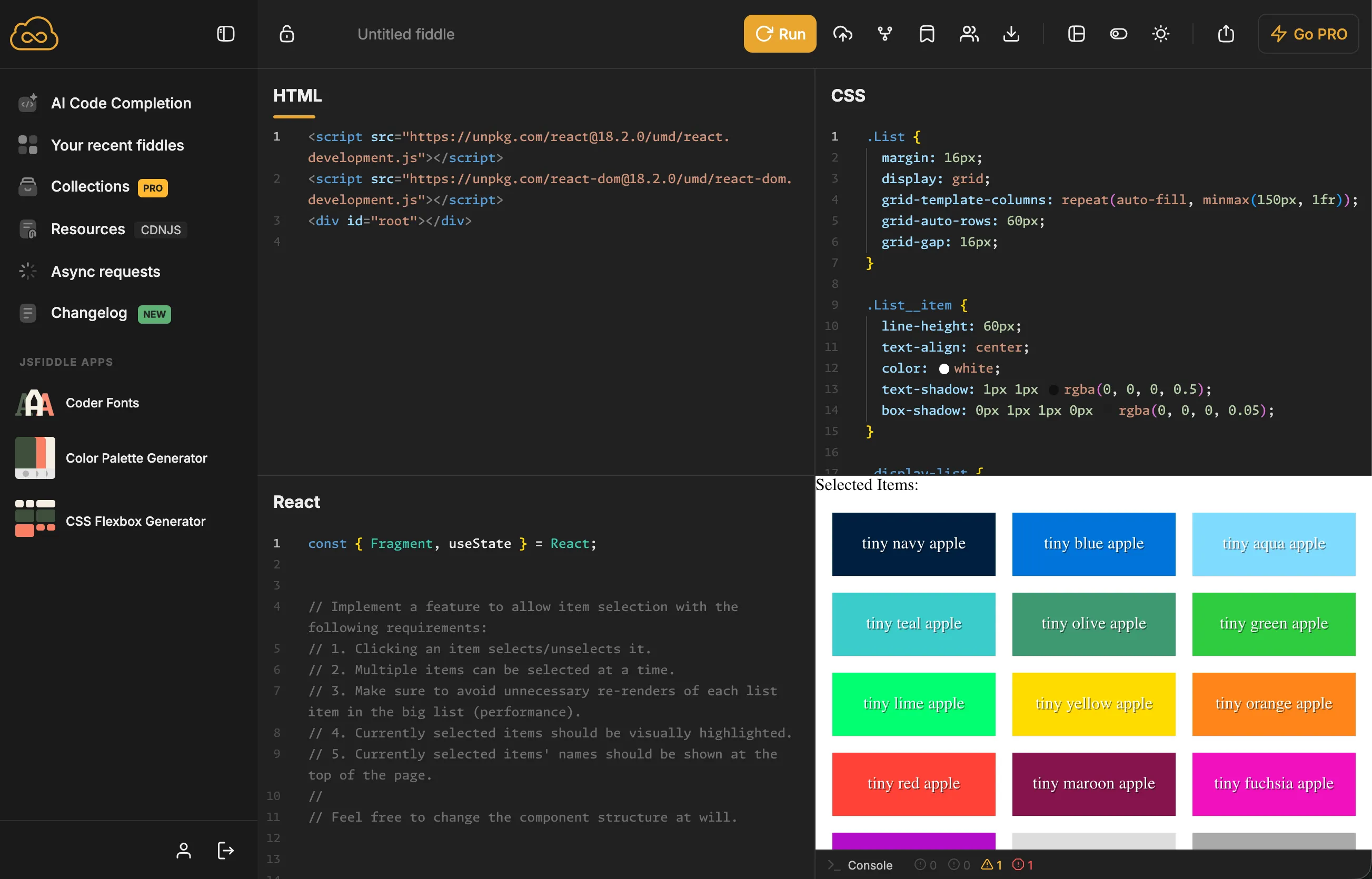 JSFiddle screenshot. It is a React challenge. The bottom right is a simple app with colored rectangles and text. The task is to write React code so that a user can click on the colored items and have them be visually highlighted, and listed as clicked.