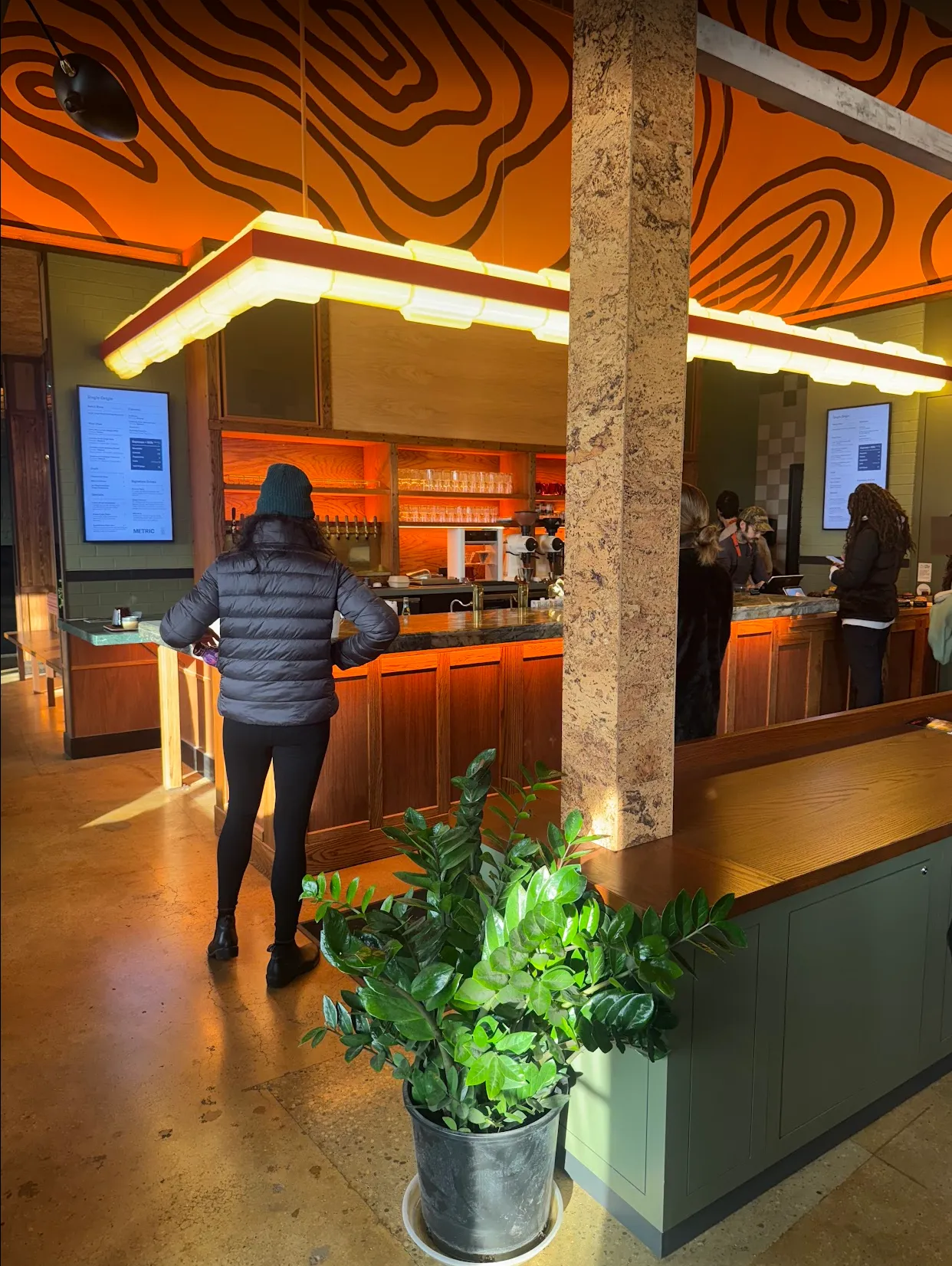 View from the doorway, looking at the queue and espresso bar. Zz plant in the foreground is the only green. The rest of the space is a range of browns and orangey tans. The ceiling has a swirled brown design on orange. The light is a rectangular "tube" with protrusions giving a 70s aesthetic. The espresso bar is warmly lit with orange lights.
