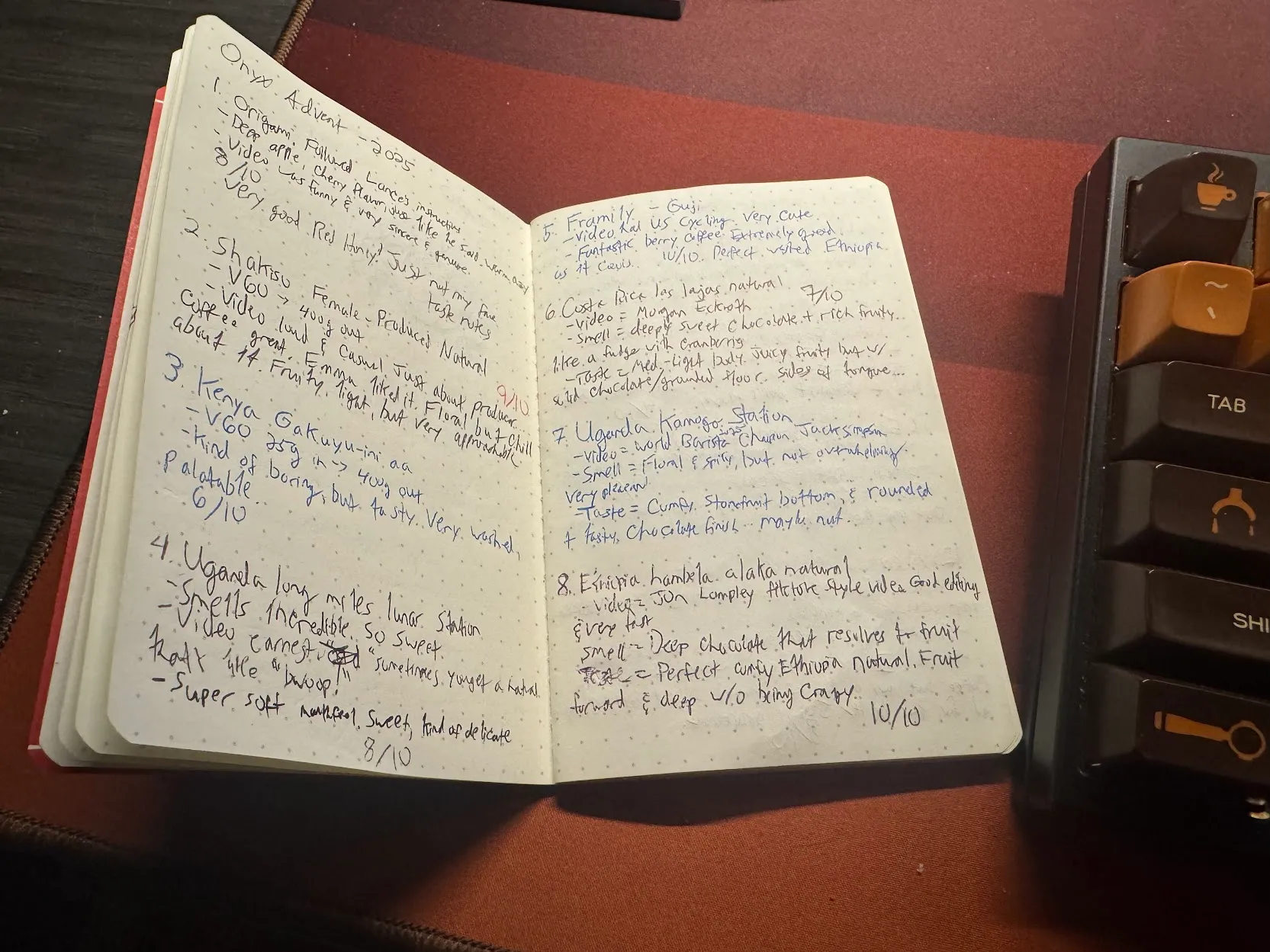 Small notepad with dots instead of lines filled with text alternating between black and blue, denoting Onyx coffee days and personal notes