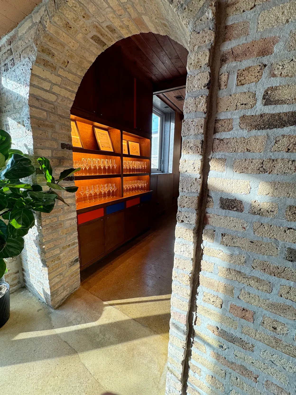 Stone archway entrance. Wine glasses visible on a shelf to the left, and a rubber tree sits in the foreground