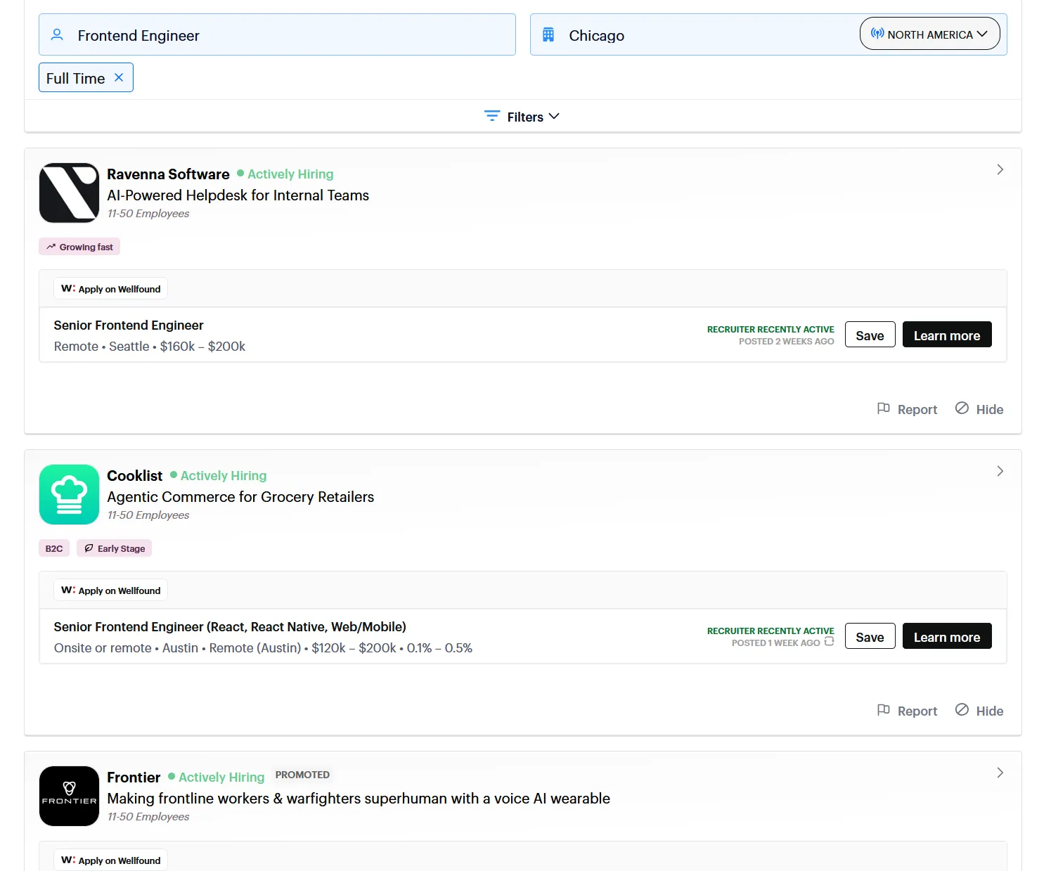 Screenshot from Wellfound, listing "Ravenna Software: AI-powered Helpdesk for Internal Teams", "Cooklist: Agentic Commerce for Grocery Retailers", and "Frontier: Making frontline workers & warfighters superhuman with a voice AI wearable"