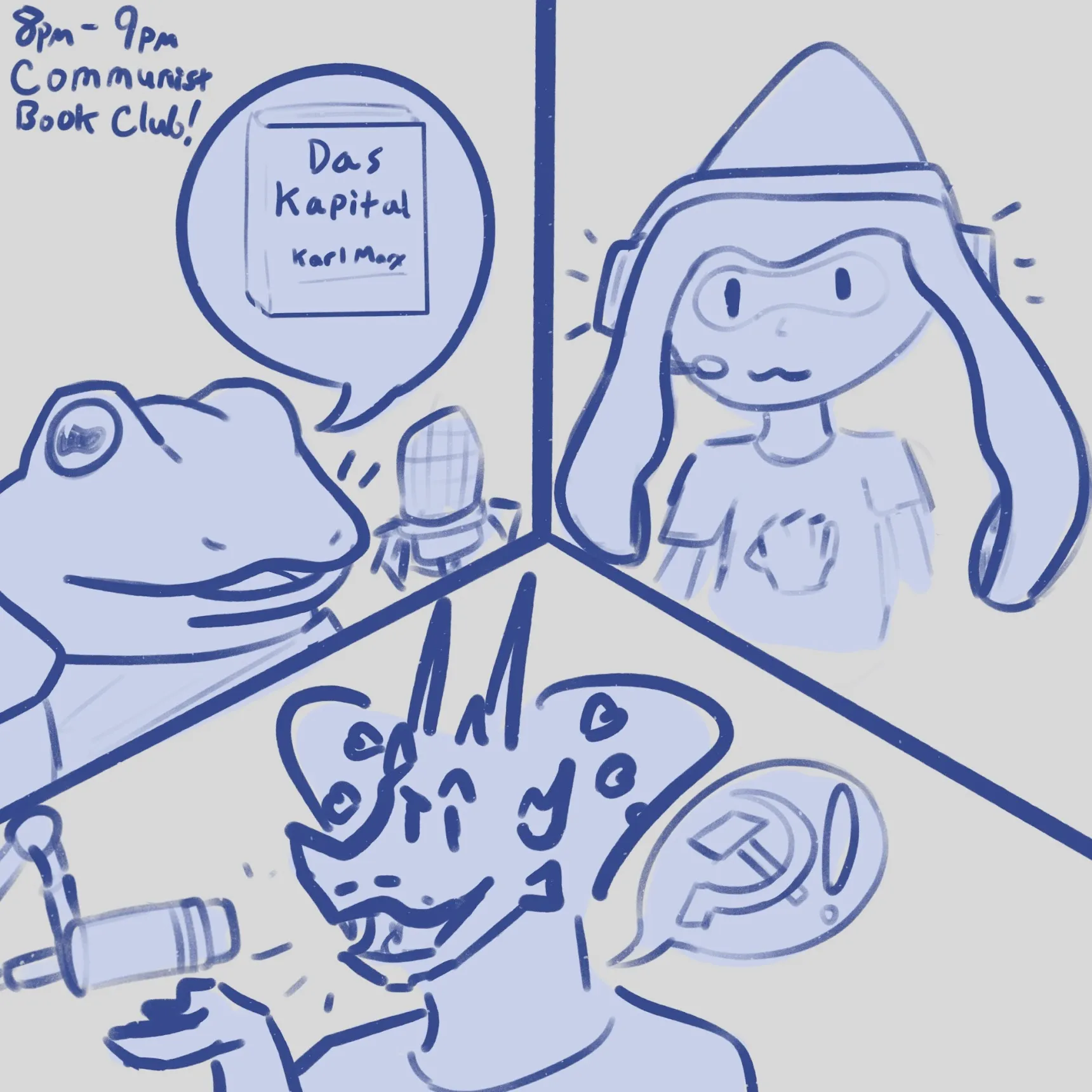Rough comic from "hourly comics day" a few years ago. A 3-way split between Argent, a frog, and a splatoon squid, roughly suggesting "communist book discussion"
