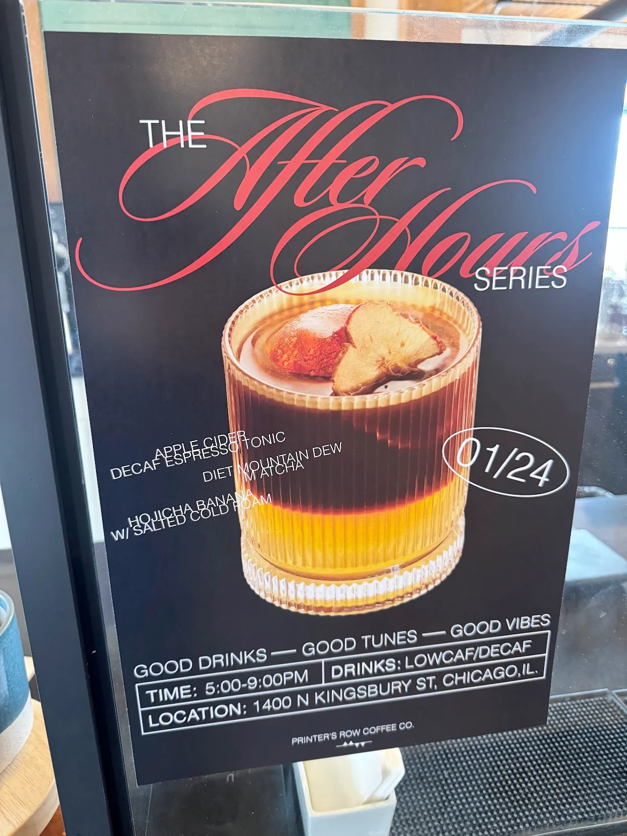 Black poster with red and white text reading: The After Hours series. 01/24 Good Drinks – Good Tunes – Good Vibes (info about the location and time)