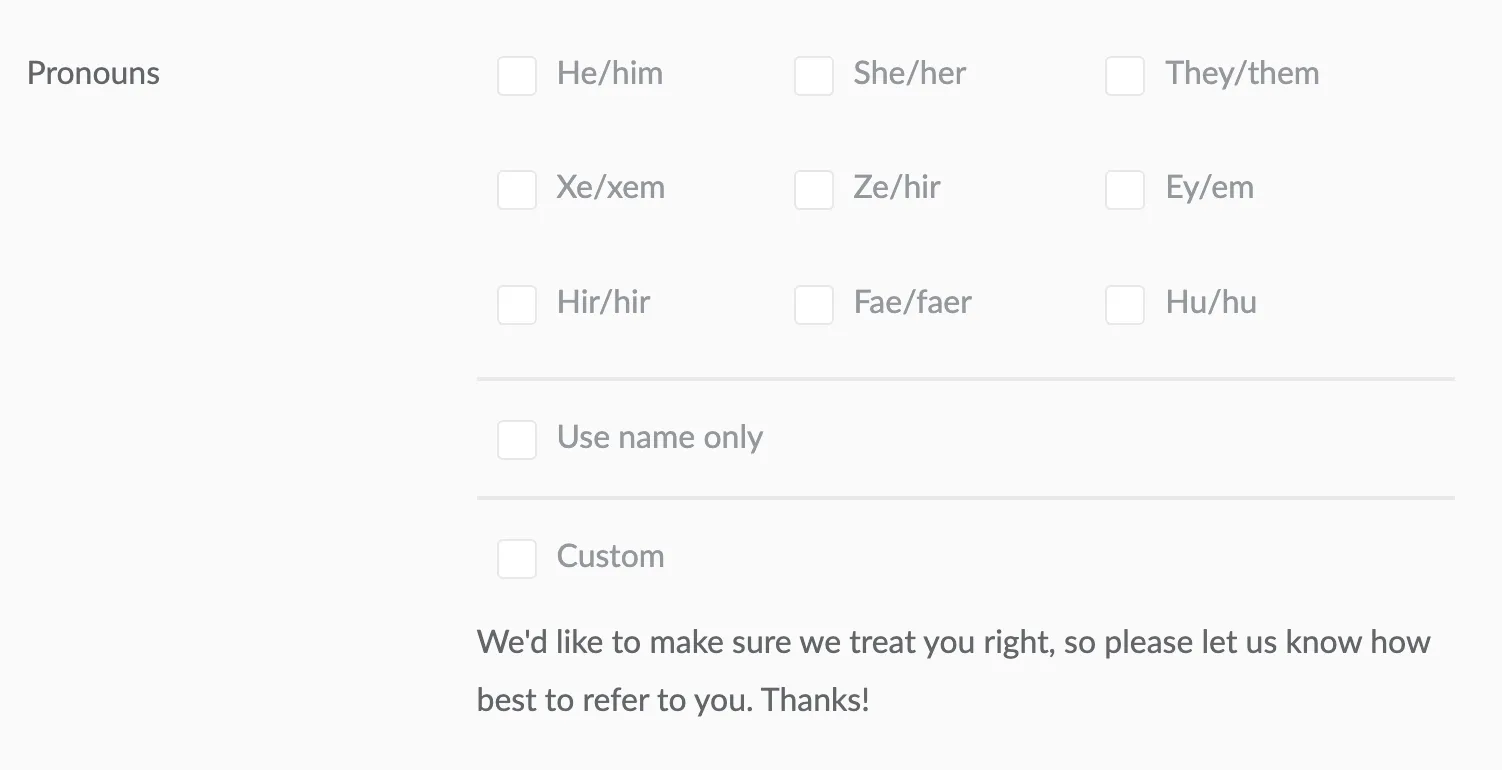 Screenshot of a pronouns list with multi-select, including standard he/him, she/her etc. as well as neopronouns like Xe/Xem and Fae/Faer.