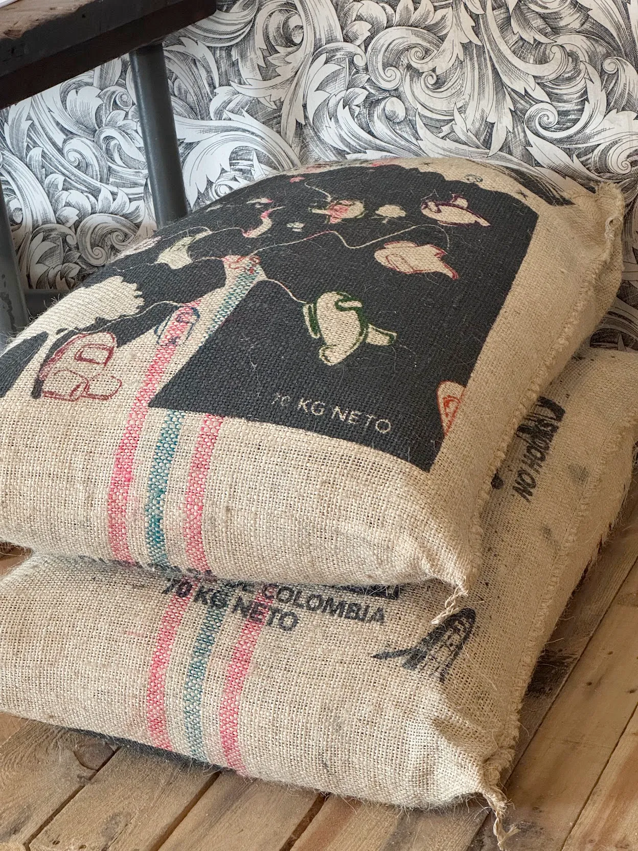 A jute coffee bag with a flat-out Among Us art design on it