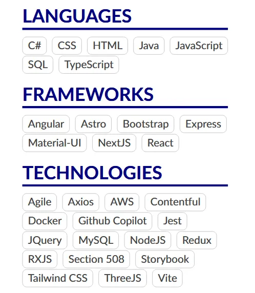 screenshot of a section of my resume. text is as follows: LANGUAGES
C# CSS HTML Java JavaScript
SQL TypeScript
FRAMEWORKS
Angular Astro Bootstrap Express
Material-UI NextJS React
TECHNOLOGIES
Agile Axios AWS Contentful
Docker Github Copilot Jest
JQuery MySQL NodeJS Redux
RXJS Section 508 Storybook
Tailwind CSS ThreeJS Vite