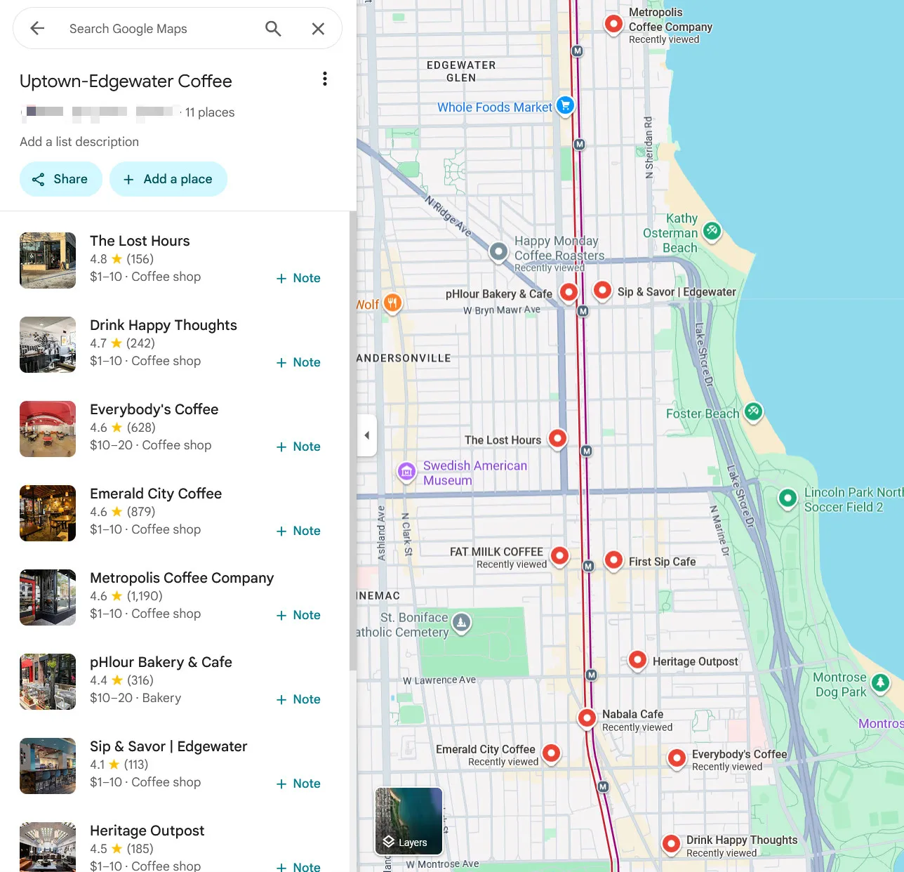 Screenshot of Google Maps with a custom list pinning coffee shops