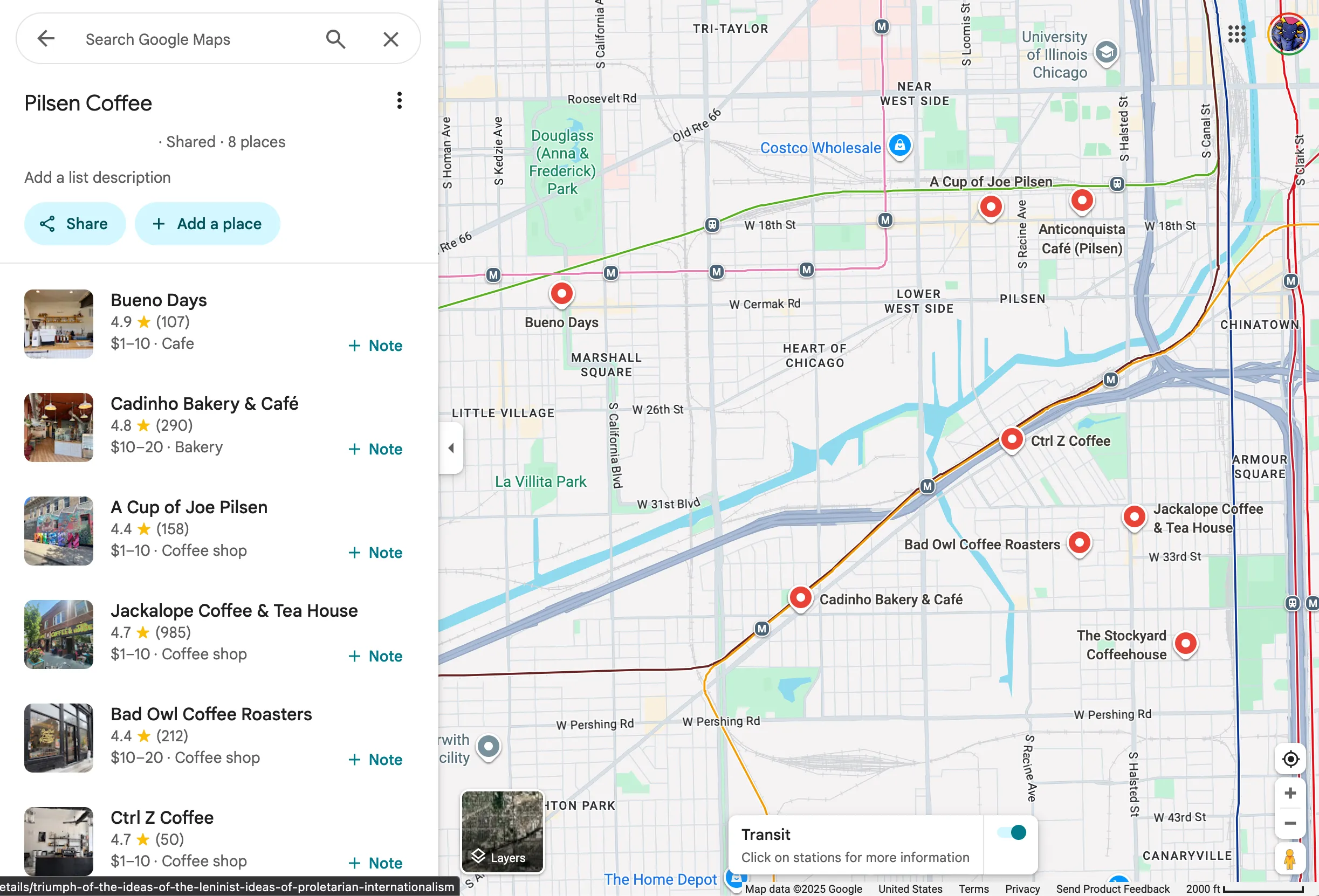 Google maps screenshot of the Pilsen and Bridgeport areas, showcasing a custom cafe list