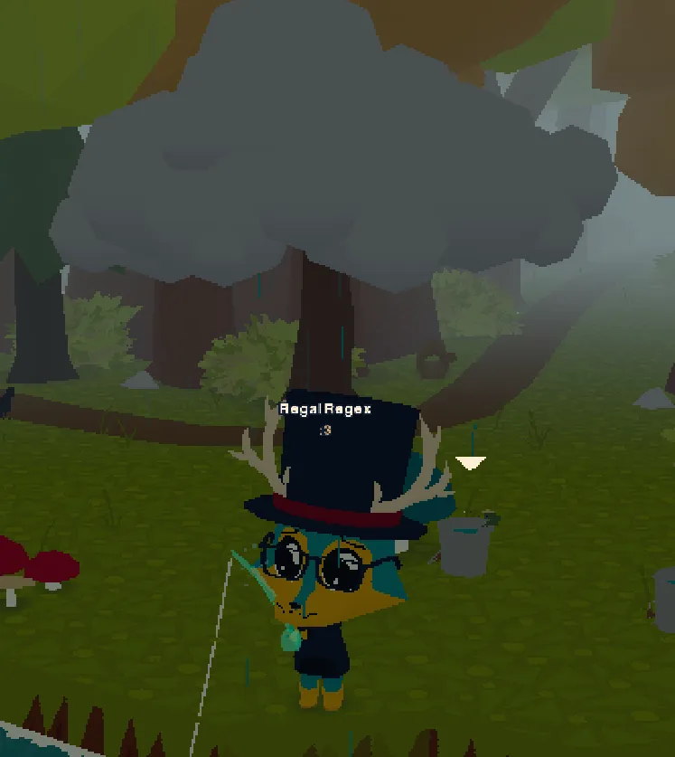 Webfishing screenshot of my little guy with a rainy cloud above him