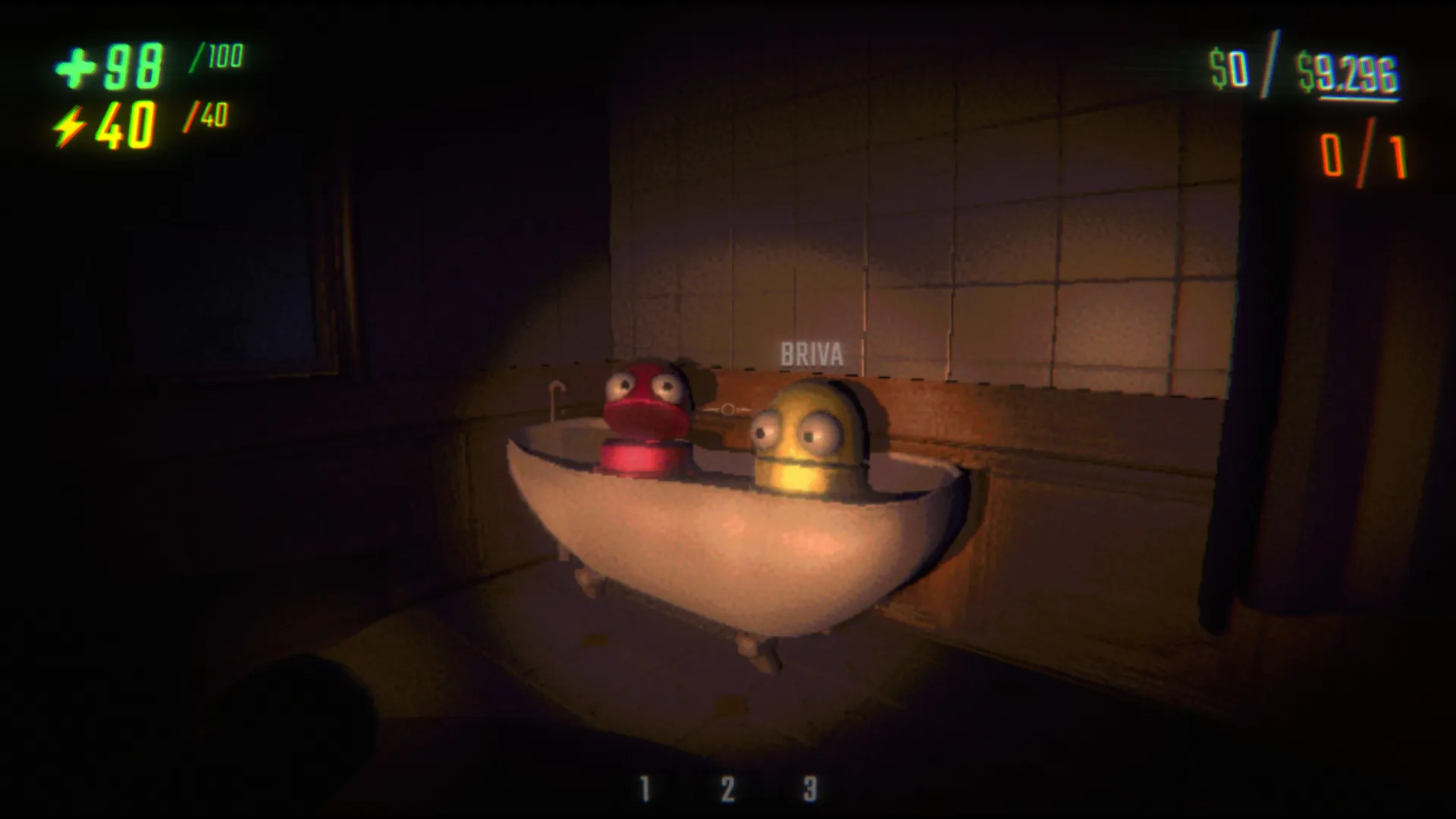 2 REPO bots sitting in a bathtub in horror-like lighting