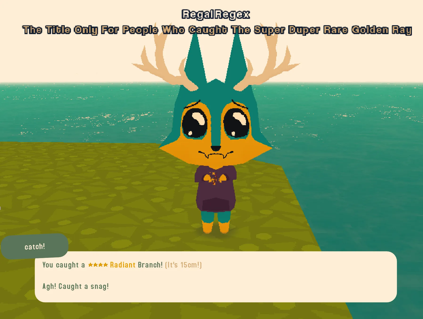 Webfishing screenshot of my little guy holding a fish, but with a sobbing face