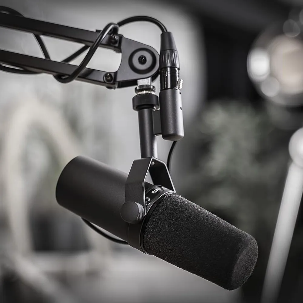 Shure SM7b dynamic microphone mounted to a boom arm