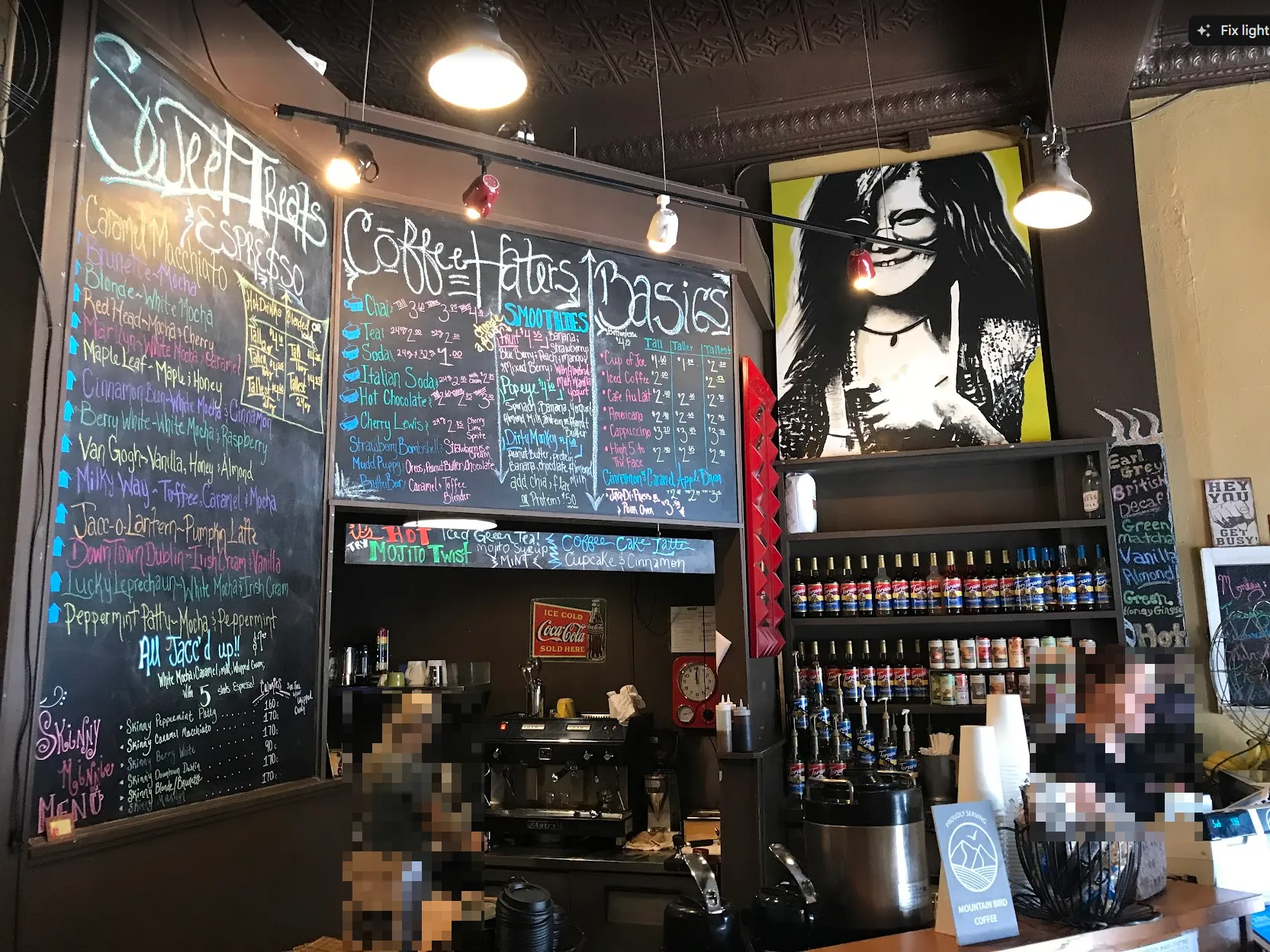 Cafe photo prominently feature a massive chalkboard with an enormous list of "recipes"