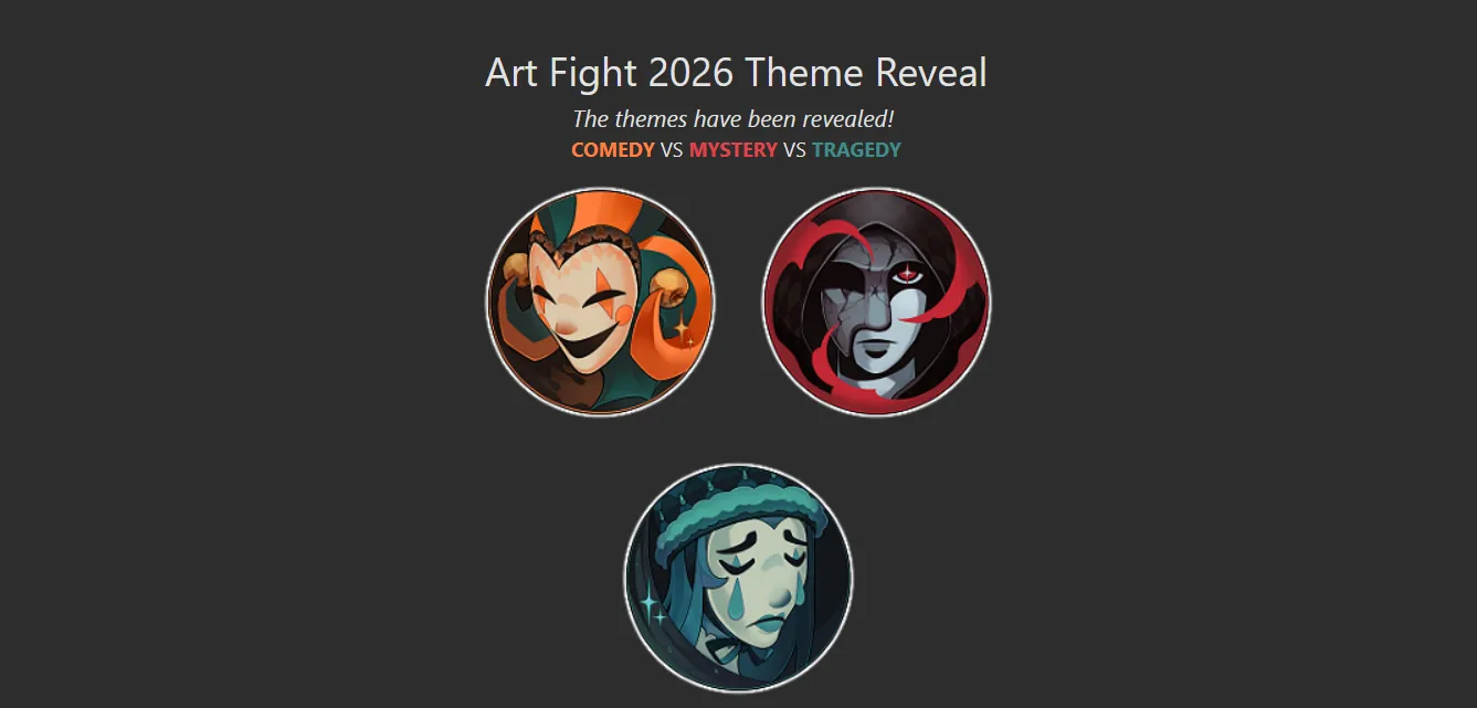 Screenshot of the art fight website, showing the 3 teams and their colored icons--all stylized theatre masks