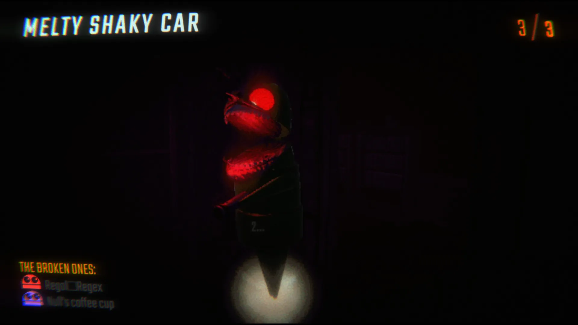 a horrifying REPO image of a REPO bot with eyes glowing and a monster mask thing on its face. Text at the top says Melty Shaky Car.