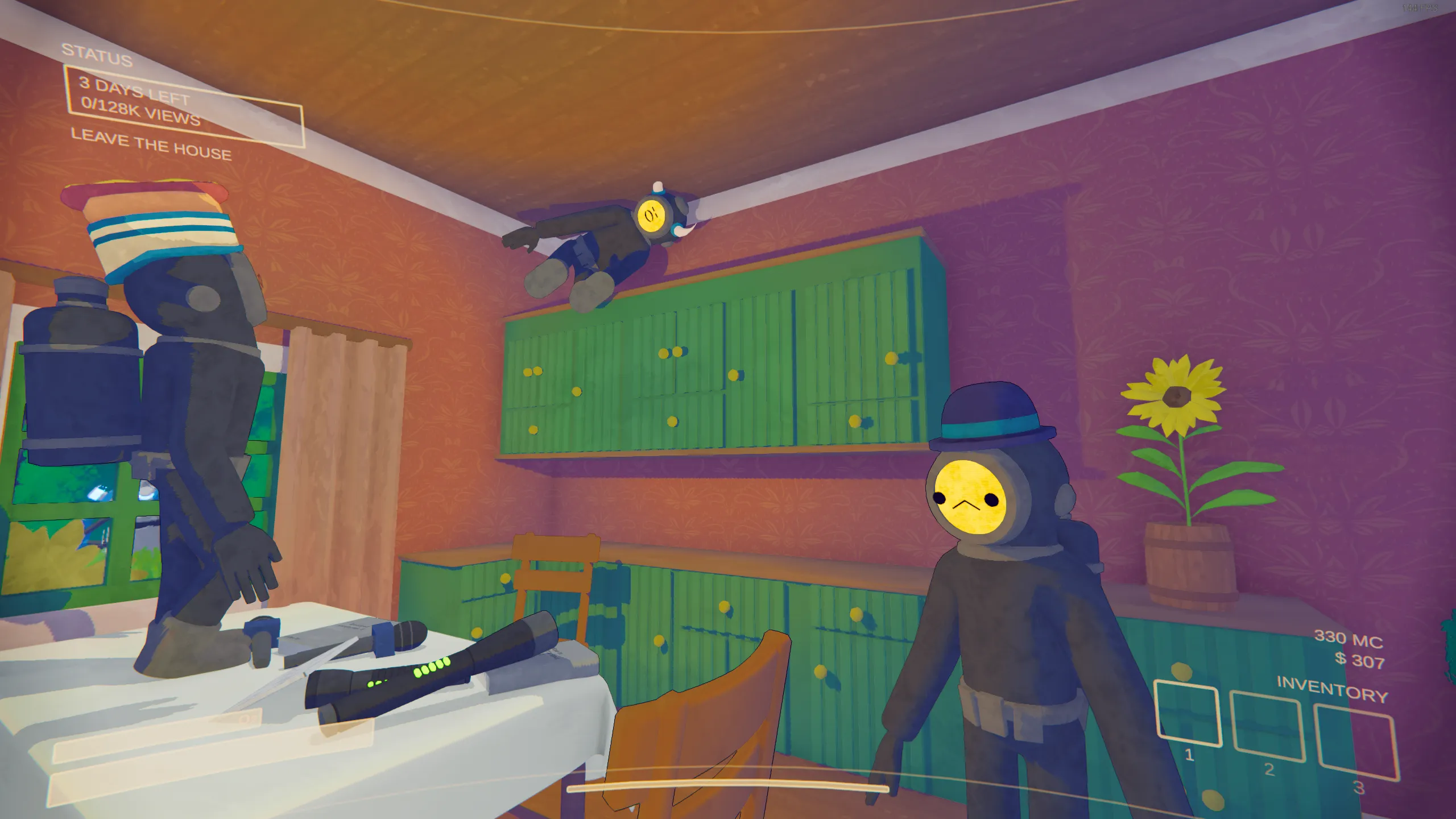 A group of Content Warning characters standing around in uncanny poses in the kitchen. One is stuffed atop a cabinet.