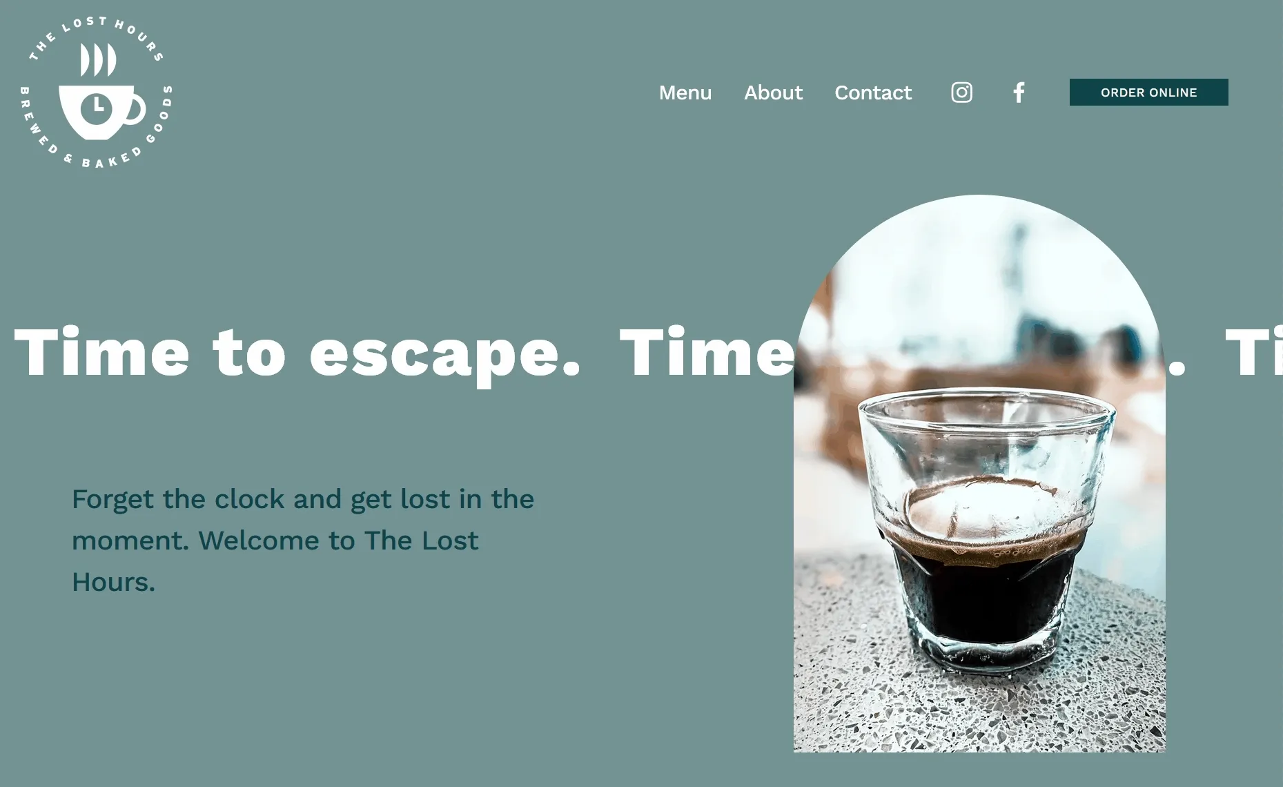 Front page of the website, with prominent text in the background reading "Time to escape" behind a glass with espresso